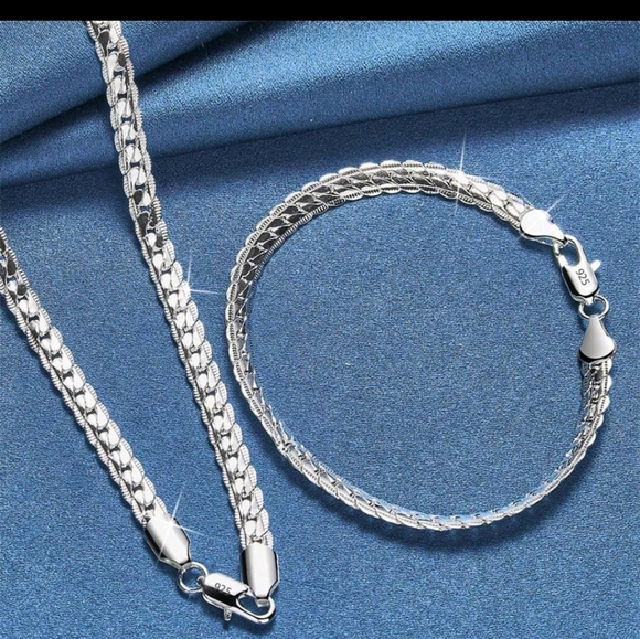 NEW 2pcs Set - 16" 925 STERLING SILVER FLAT SNAKE CHAIN NECKLACE & 8" BRACELET - Picture 2 of 14